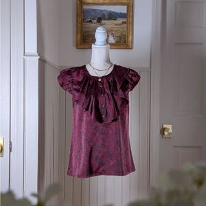 LOFT Dark Romantic Ruffle Blouse XS Burgundy Rose Boho Chic